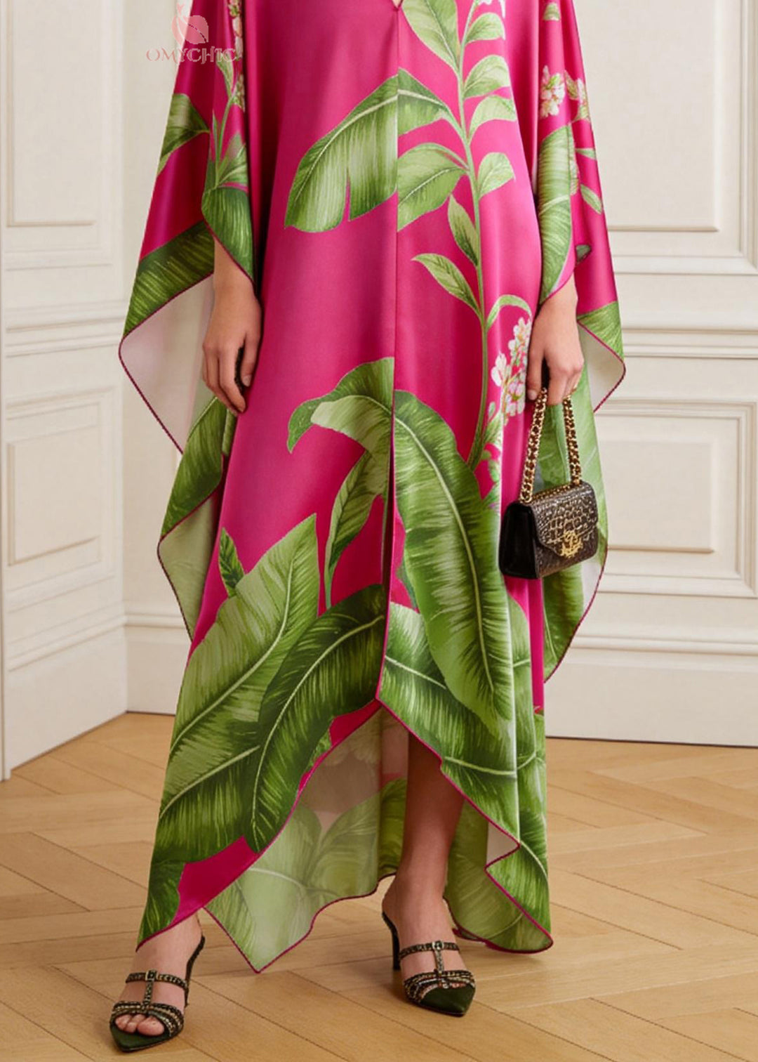 Natural V Neck Print Chiffon Maxi Dresses Batwing Sleeve