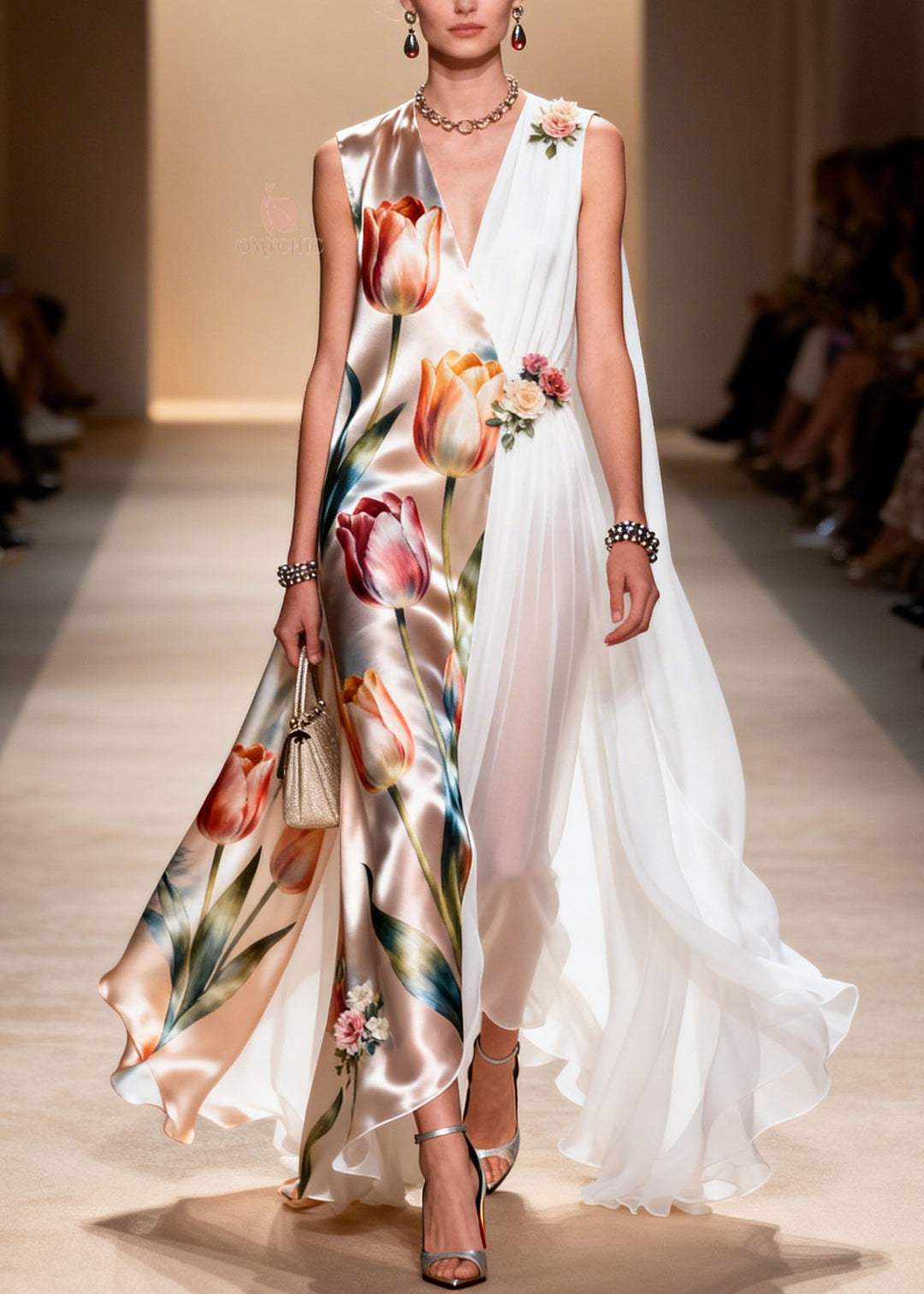 Natural V Neck Print Patchwork Floral Chiffon Dresses Sleeveless