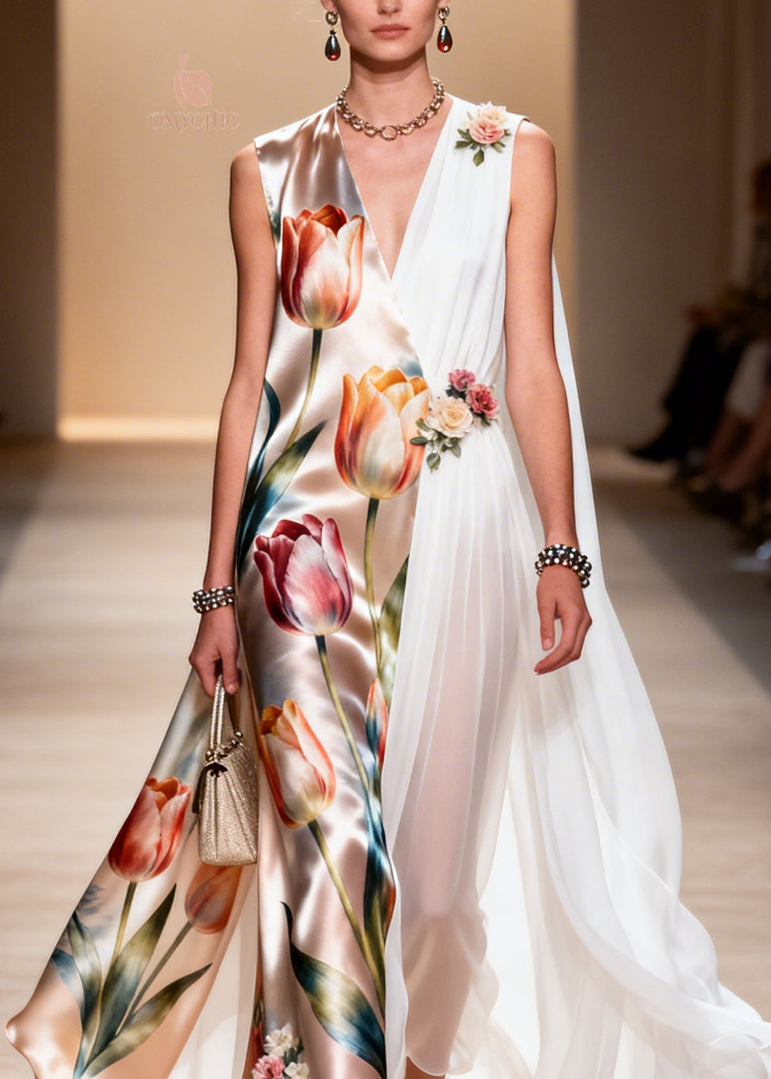 Natural V Neck Print Patchwork Floral Chiffon Dresses Sleeveless