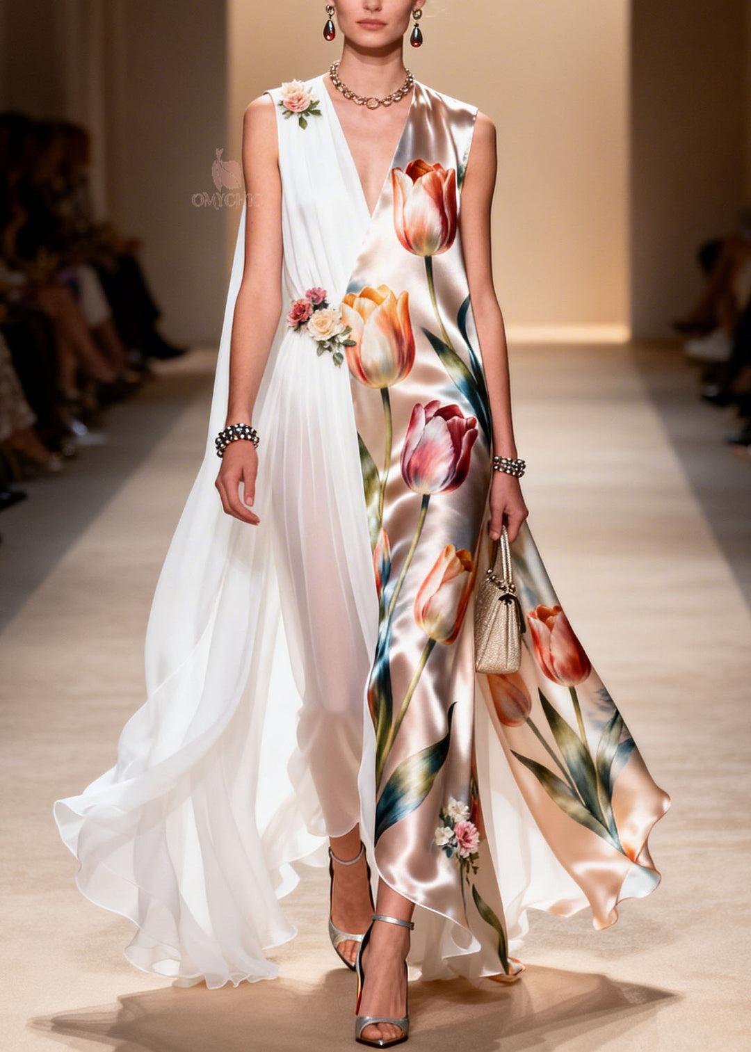Natural V Neck Print Patchwork Floral Chiffon Dresses Sleeveless