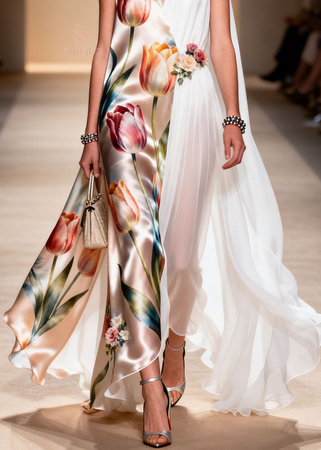 Natural V Neck Print Patchwork Floral Chiffon Dresses Sleeveless