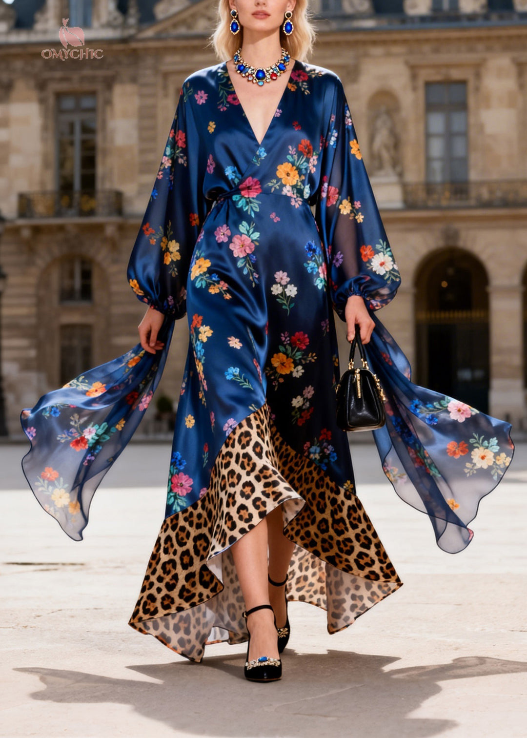 Natural V Neck Print Patchwork Silk Maxi Dresses Summer