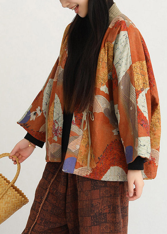Natural V Neck Print Tie Waist Parka Long Sleeve