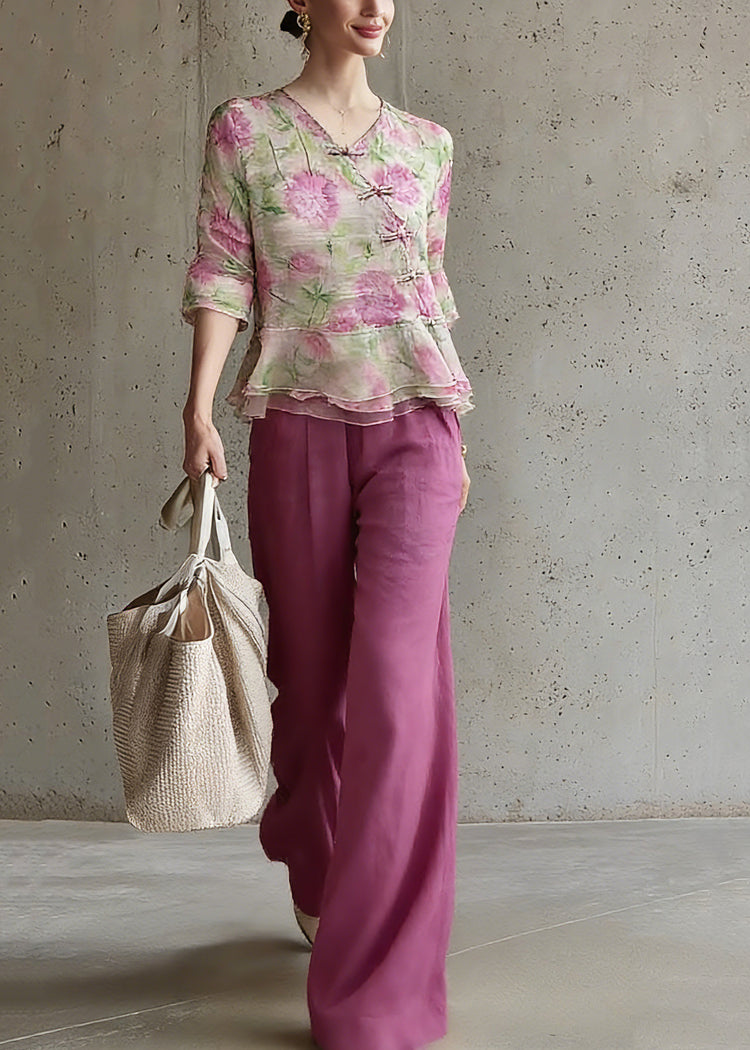 Natural V Neck Print Top And Pants Two Pieces Set Spring - Omychic