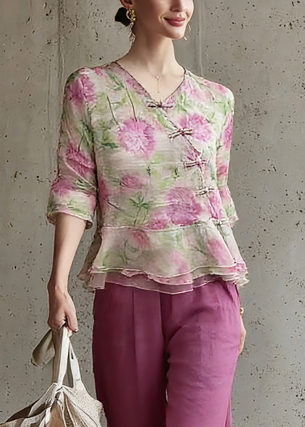Natural V Neck Print Top And Pants Two Pieces Set Spring - Omychic