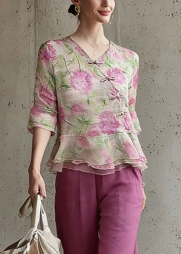 Natural V Neck Print Top And Pants Two Pieces Set Spring - Omychic