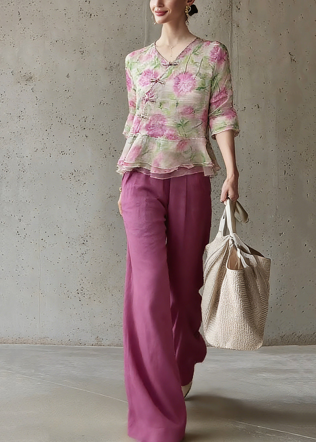 Natural V Neck Print Top And Pants Two Pieces Set Spring - Omychic