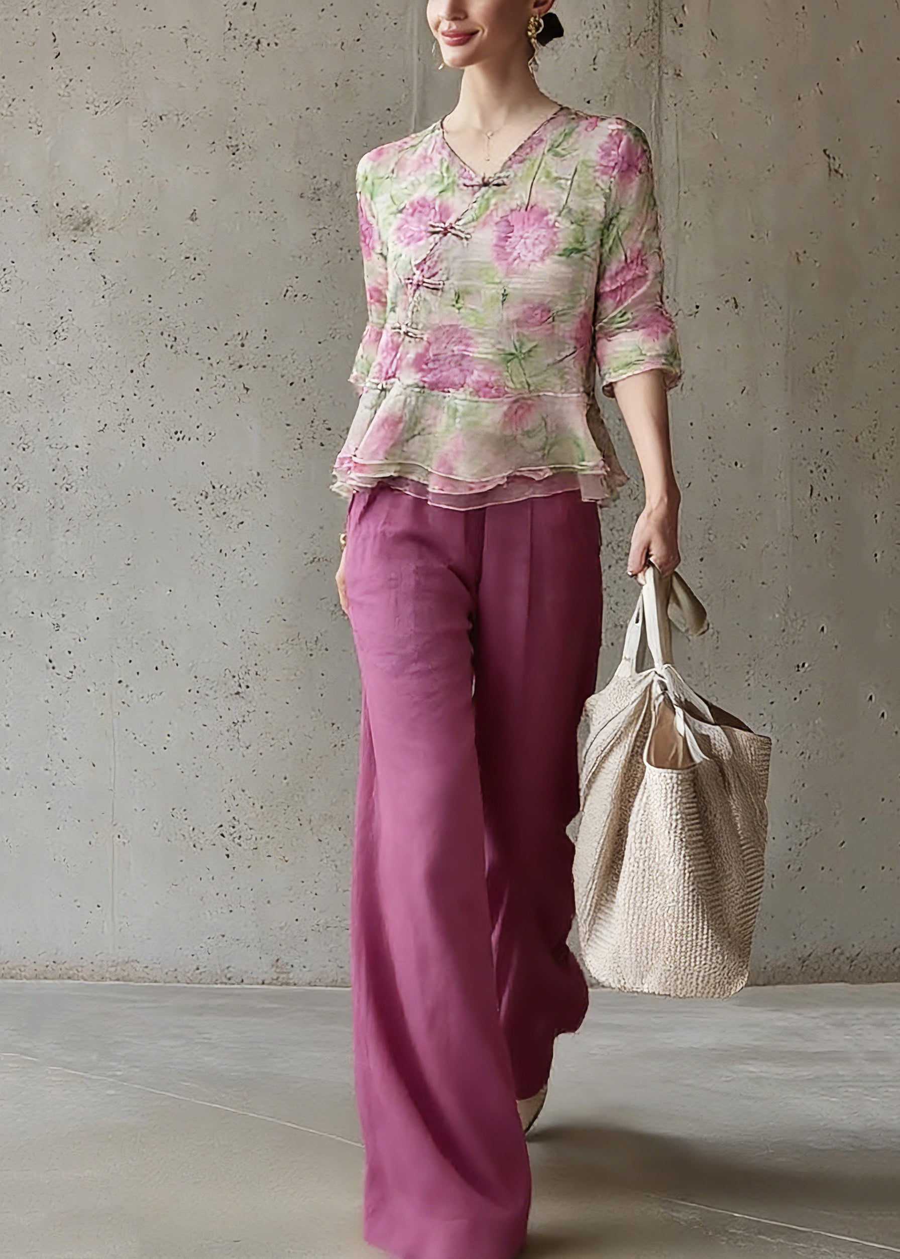 Natural V Neck Print Top And Pants Two Pieces Set Spring - Omychic