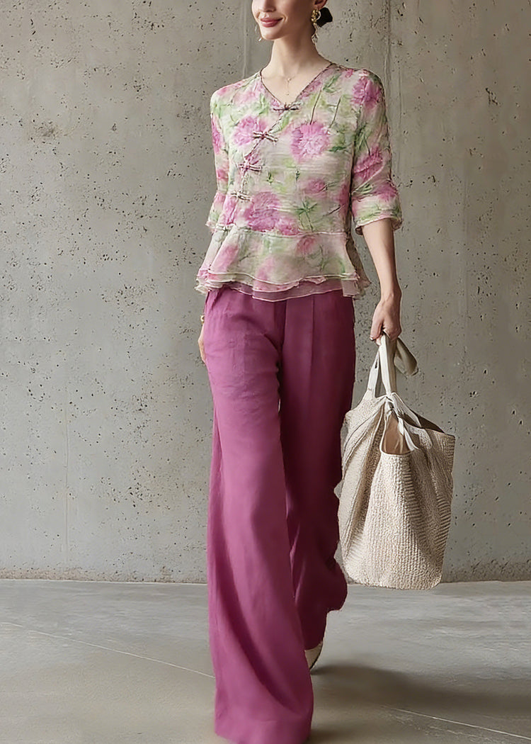 Natural V Neck Print Top And Pants Two Pieces Set Spring - Omychic