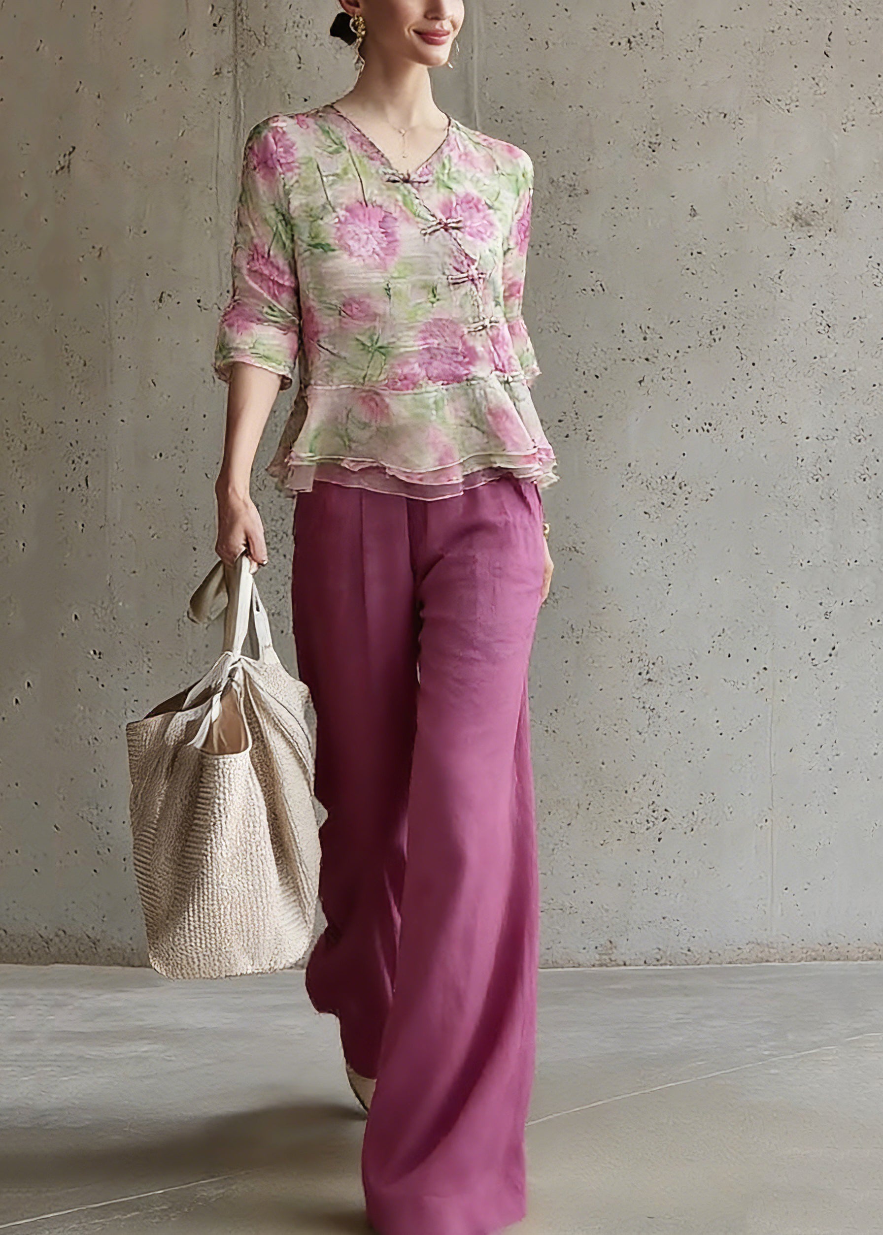 Natural V Neck Print Top And Pants Two Pieces Set Spring - Omychic