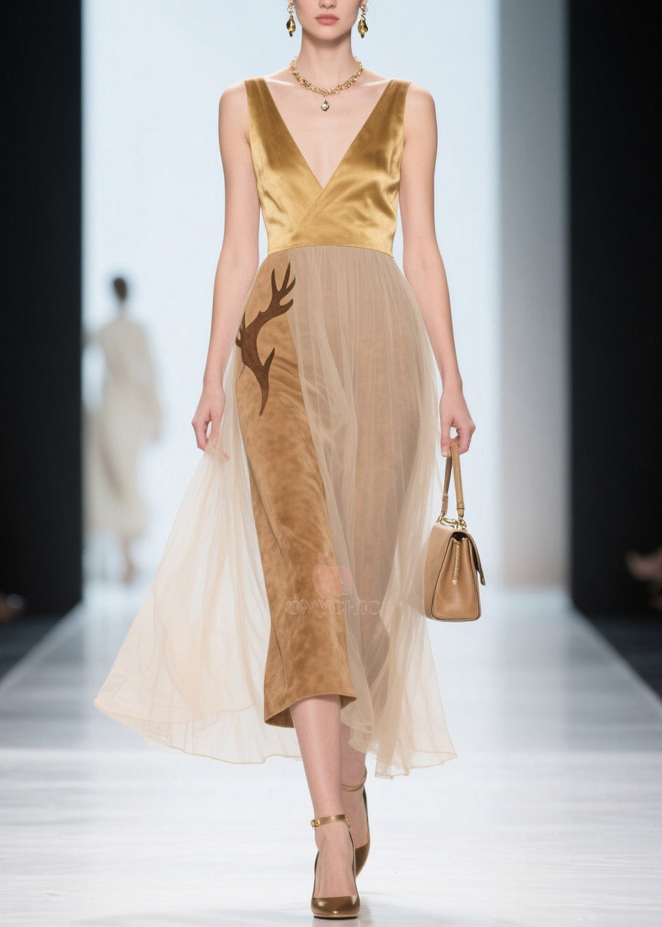 Natural V Neck Tulle Patchwork Silk Velvet Dress Sleeveless