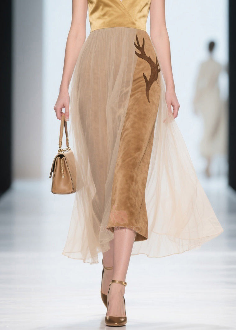 Natural V Neck Tulle Patchwork Silk Velvet Dress Sleeveless