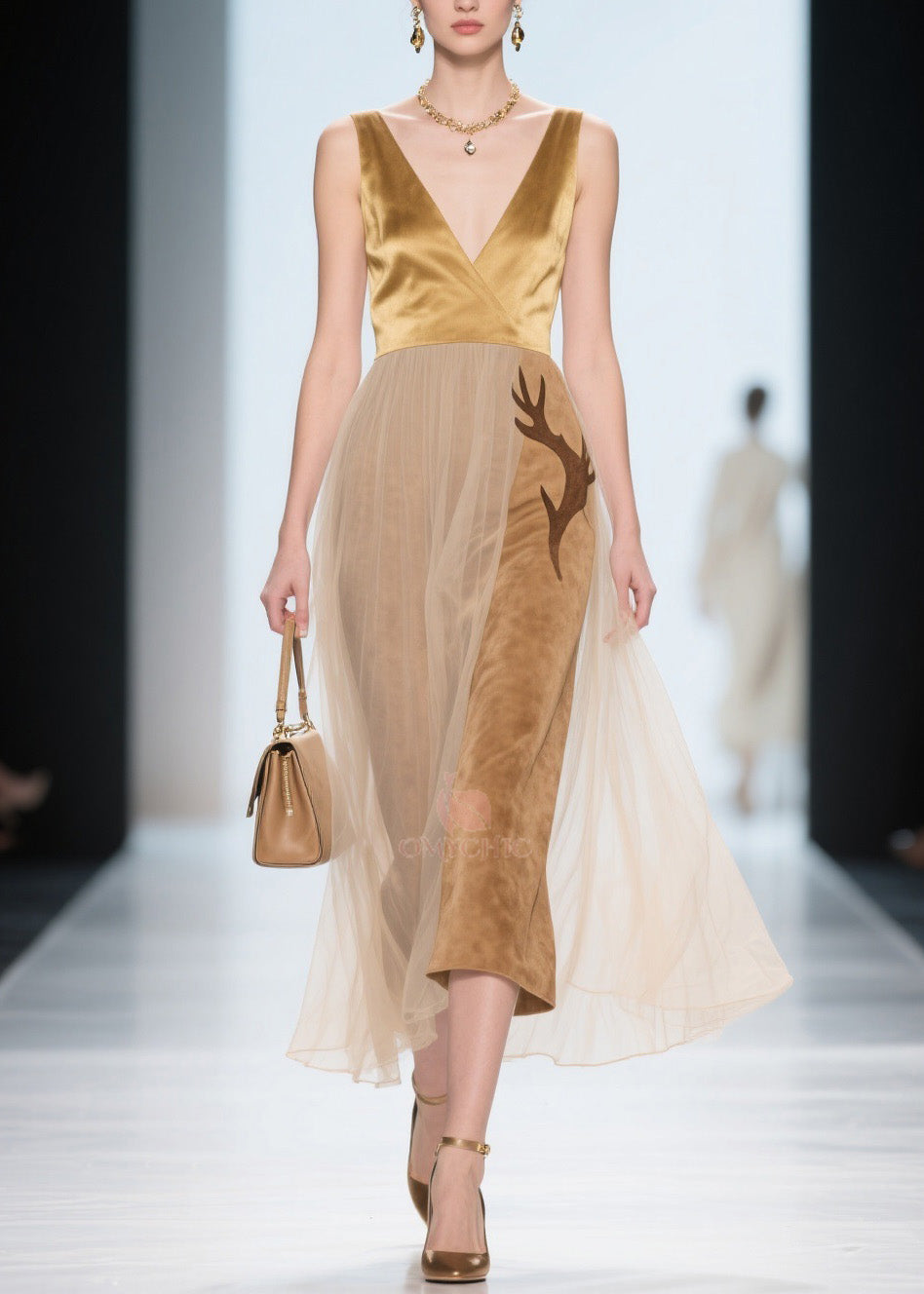 Natural V Neck Tulle Patchwork Silk Velvet Dress Sleeveless