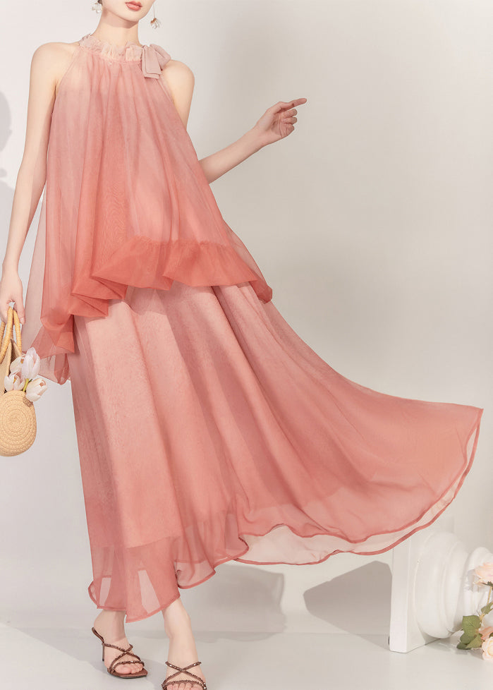 Natural Watery Red Cold Shoulder Tulle Vest And Maxi Skirts Two Pieces Set Sleeveless