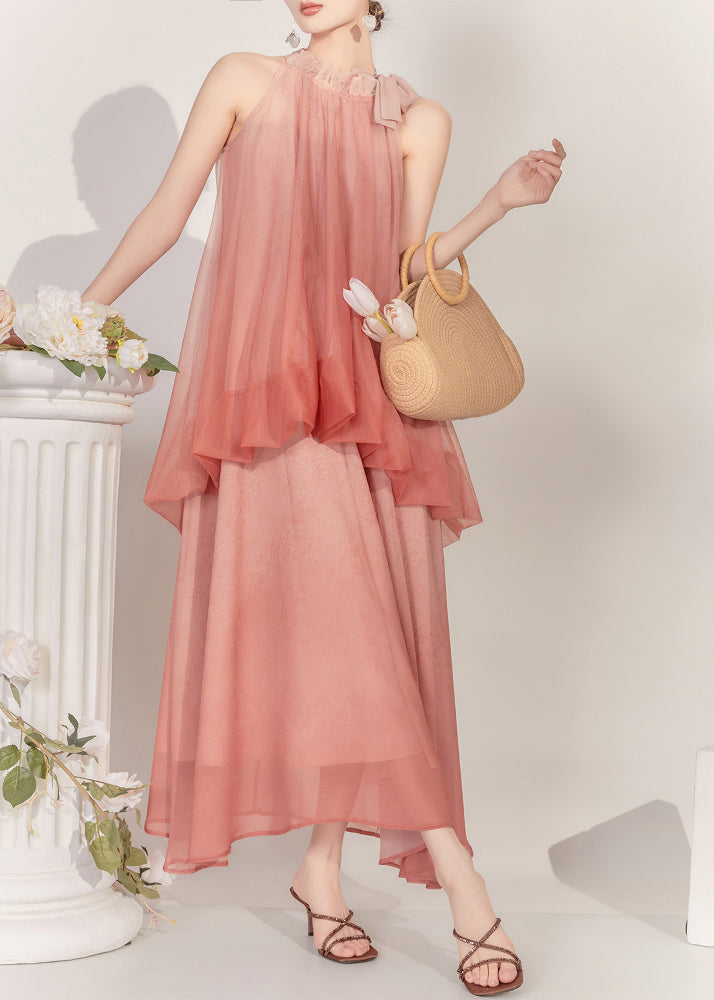 Natural Watery Red Cold Shoulder Tulle Vest And Maxi Skirts Two Pieces Set Sleeveless