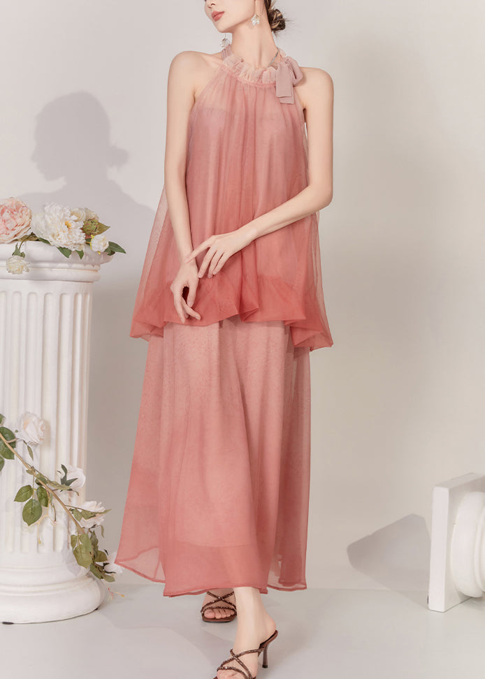 Natural Watery Red Cold Shoulder Tulle Vest And Maxi Skirts Two Pieces Set Sleeveless