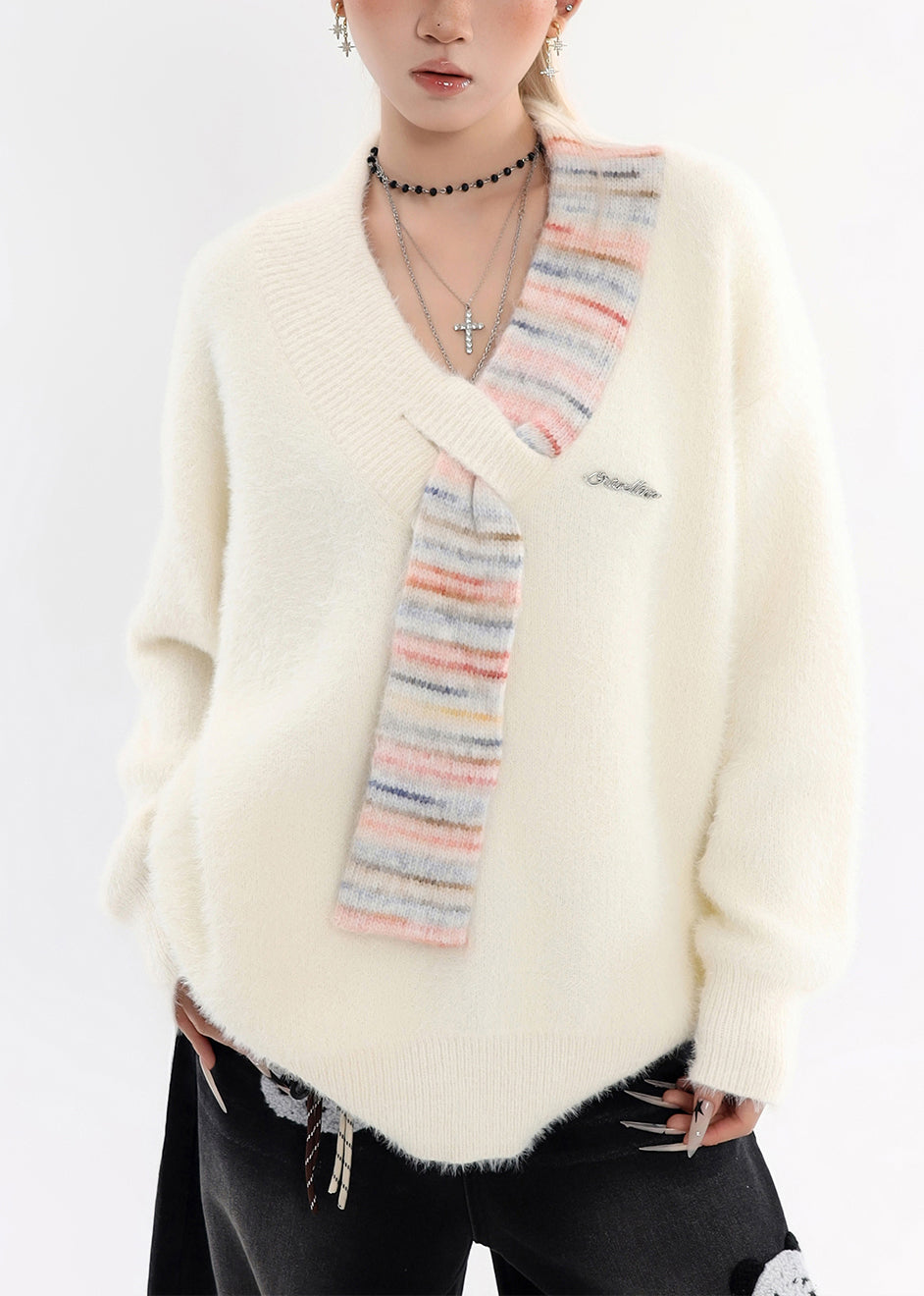 Natural White Asymmetrical Chunky Oversized Knit Sweater Winter
