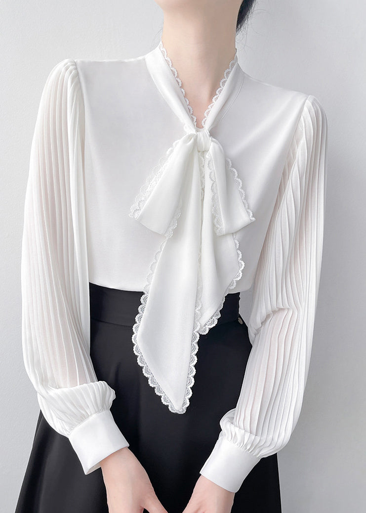 Natural White Bow Wrinkled Chiffon Tops Spring