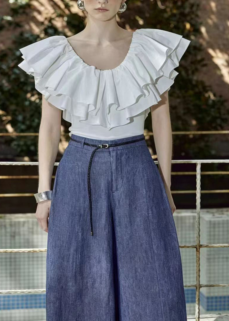 Natural White Double-layered Ruffled Cotton Shirt Top Summer