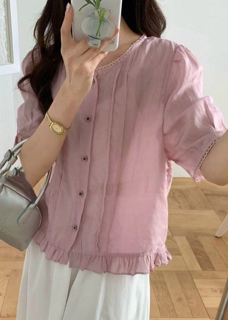 Natural White O-Neck Ruffled Linen Top Short Sleeve