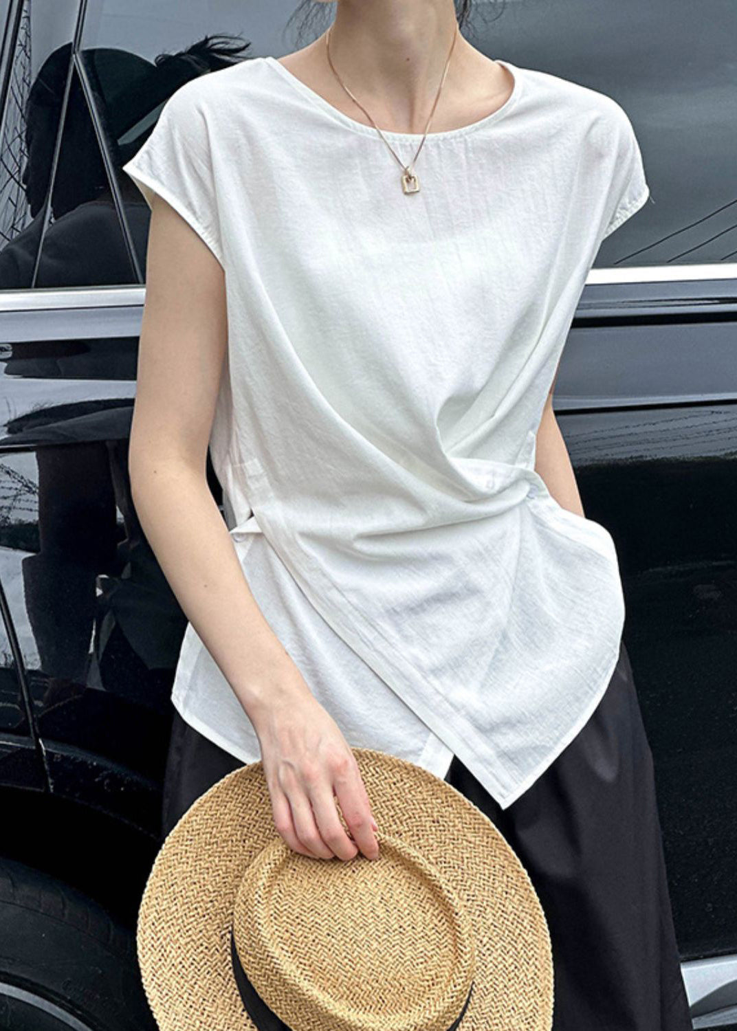 Natural White O-Neck Wrinkled Top Summer