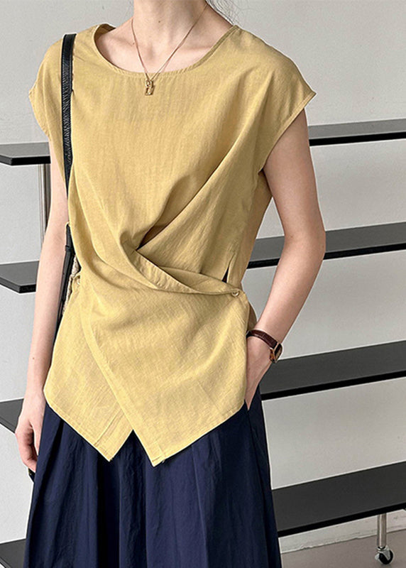 Natural White O-Neck Wrinkled Top Summer