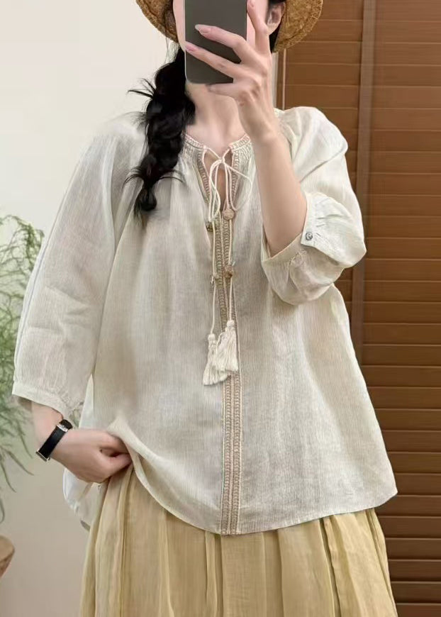 Natural White Oversized Lace Up Linen Blouse Top Summer