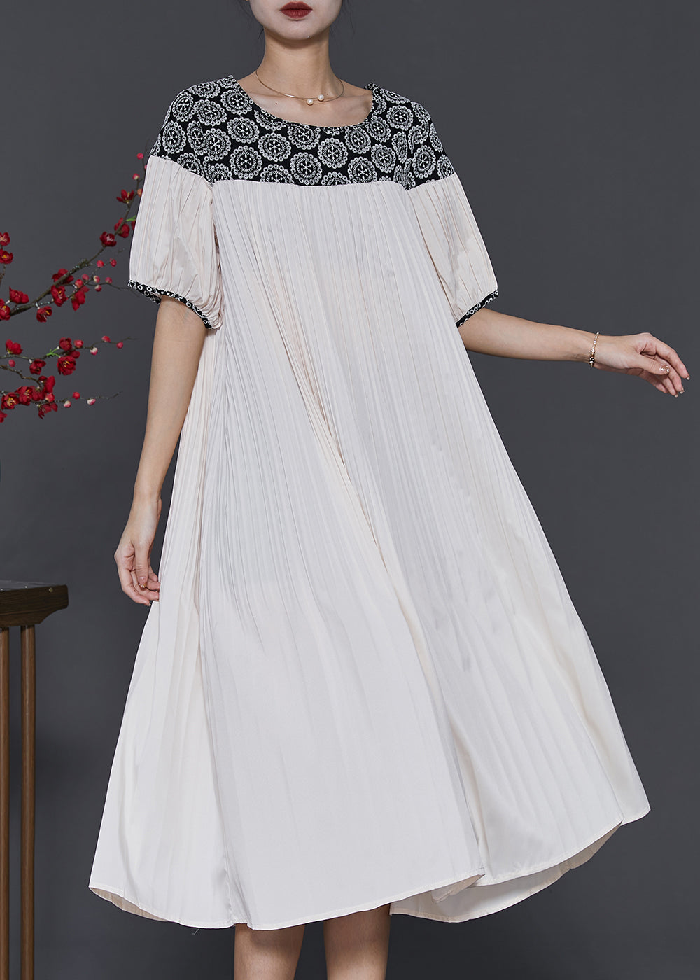 Natural White Oversized Patchwork Cotton Pleated Dress Summer