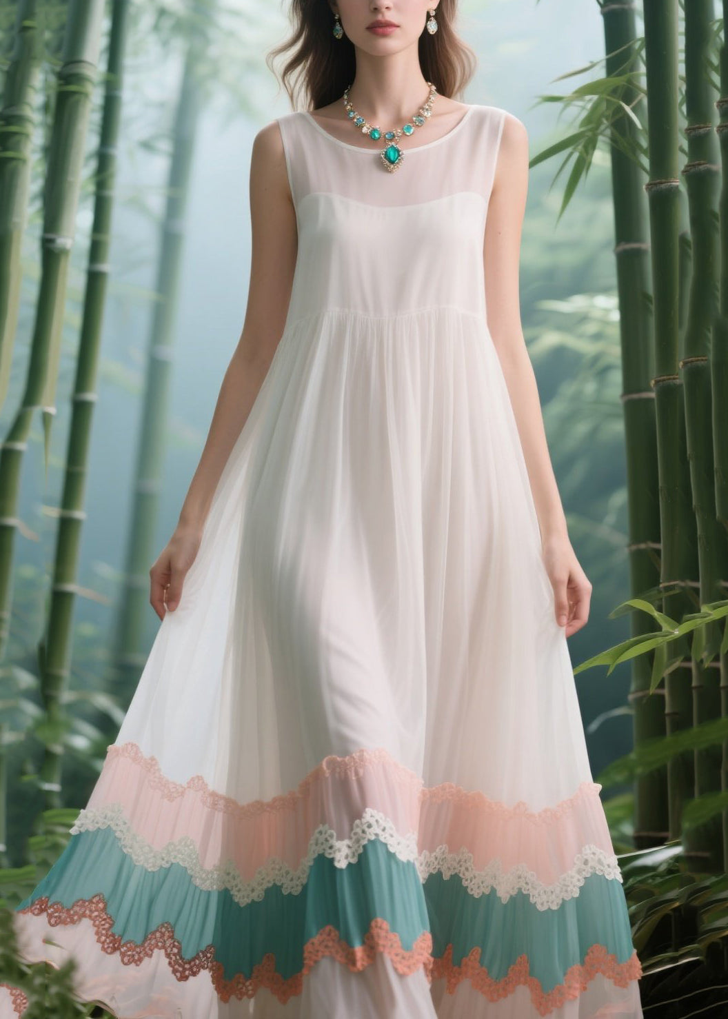 Natural White Patchwork Exra Large Hem Tulle Long Dress Summer