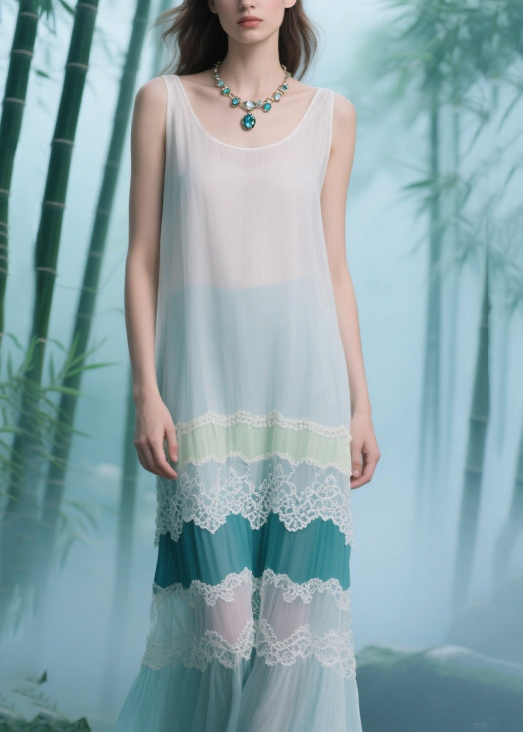 Natural White Patchwork Lace Tulle Long Dresses Sleeveless