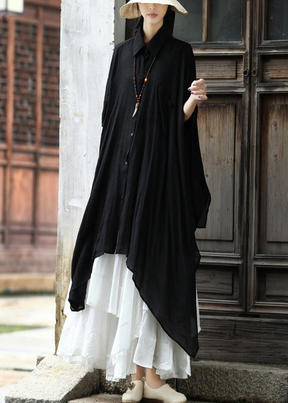 Natural White Peter Pan Collar Asymmetrical Cotton Shirts Long Sleeve