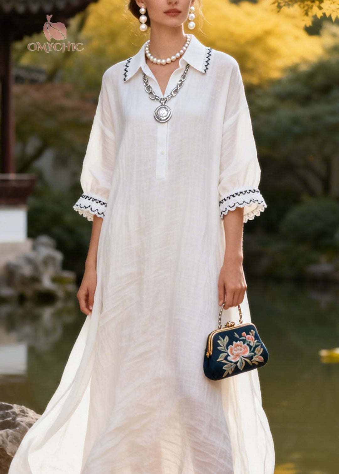 Natural White Peter Pan Collar Lace Patchwork Cotton Dress Summer
