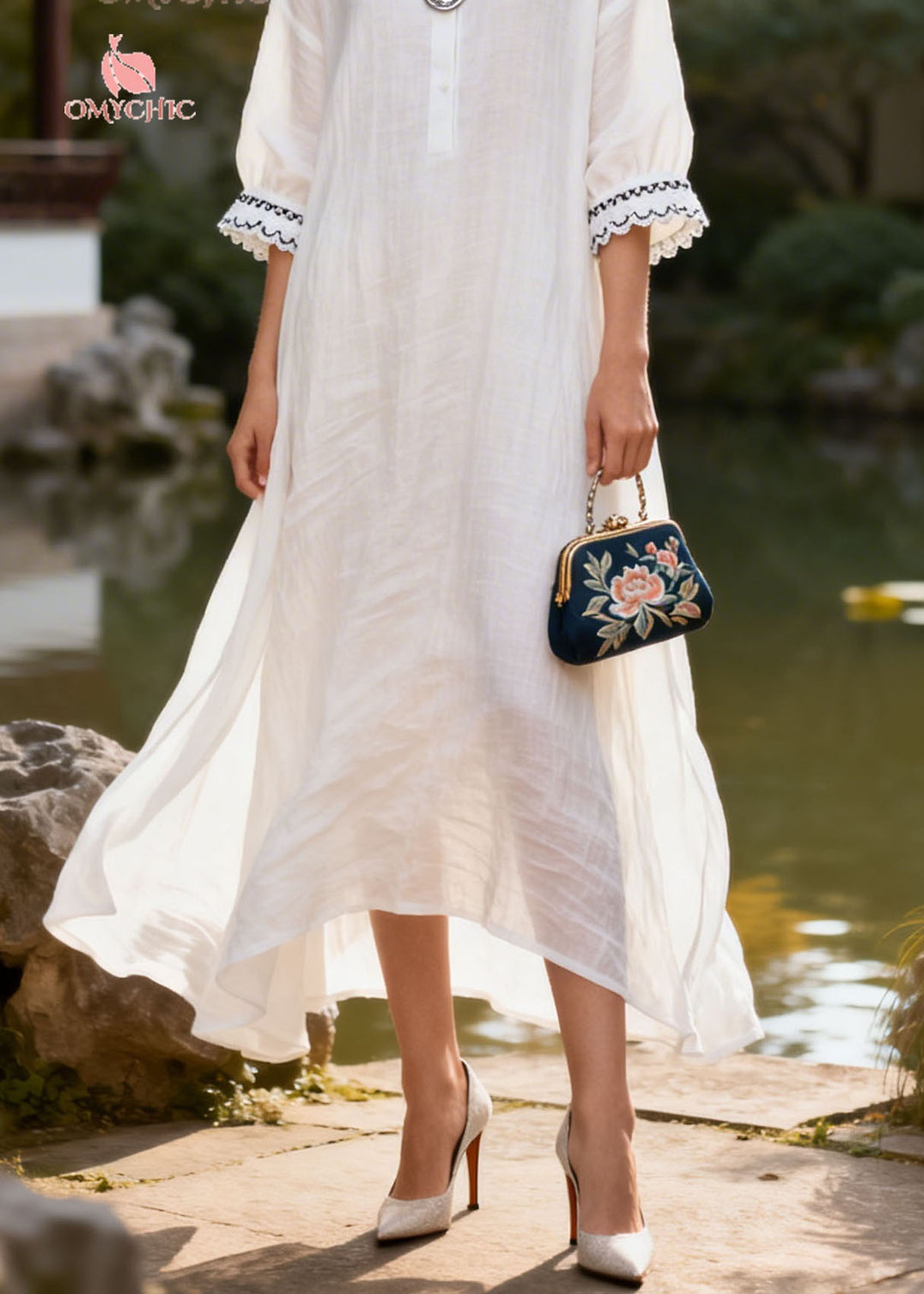 Natural White Peter Pan Collar Lace Patchwork Cotton Dress Summer