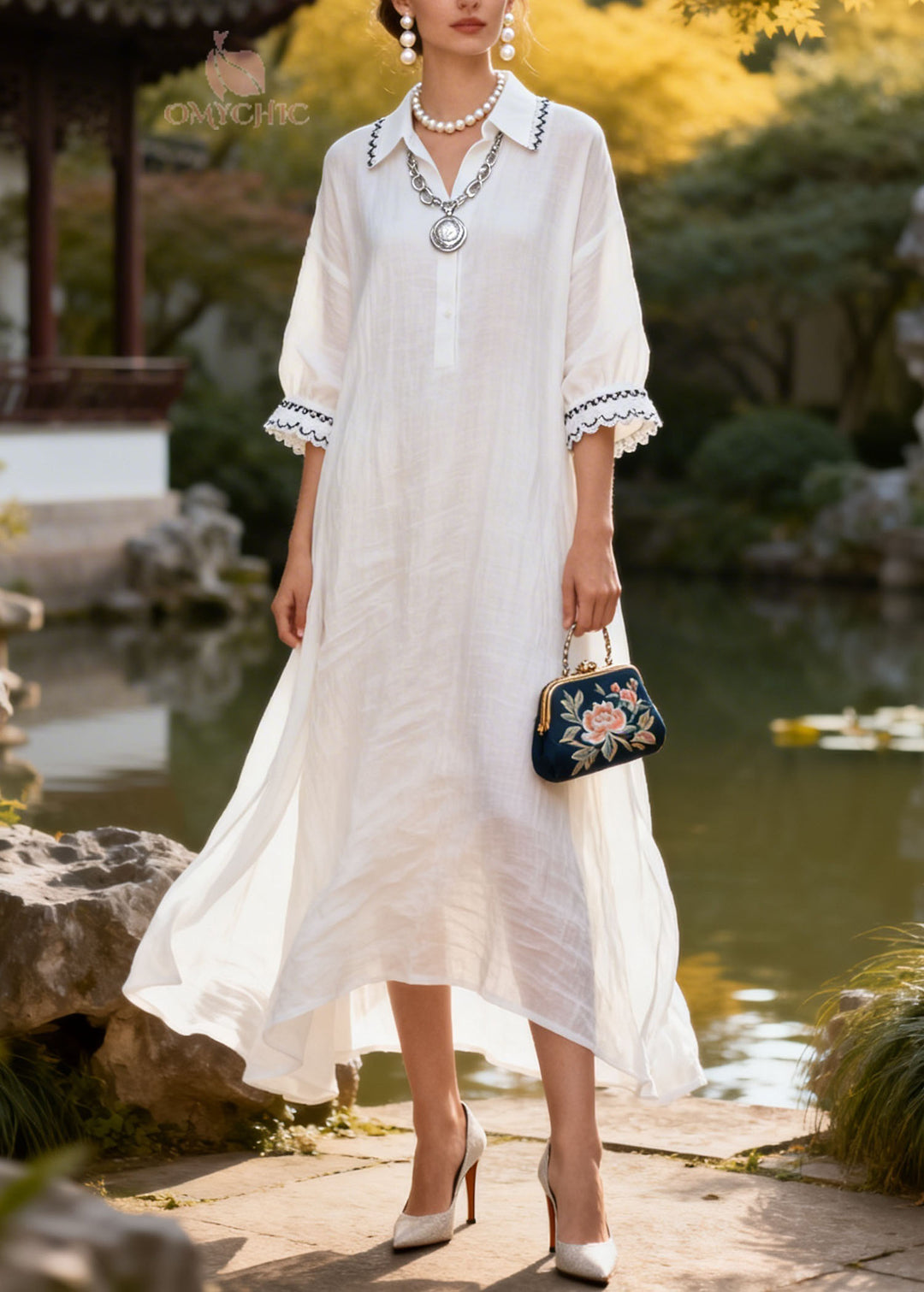 Natural White Peter Pan Collar Lace Patchwork Cotton Dress Summer