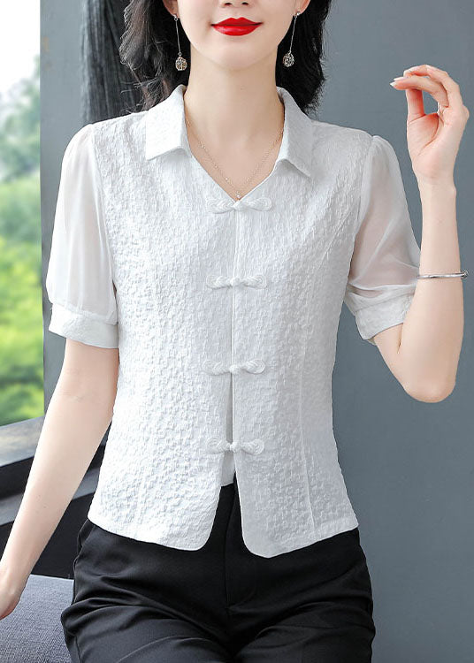 Natural White Peter Pan Collar Patchwork Chiffon Tops Summer