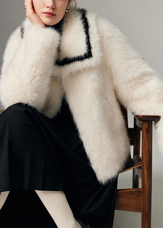 Natural White Peter Pan Collar Thick Faux Fox Fur Loose Coats Winter