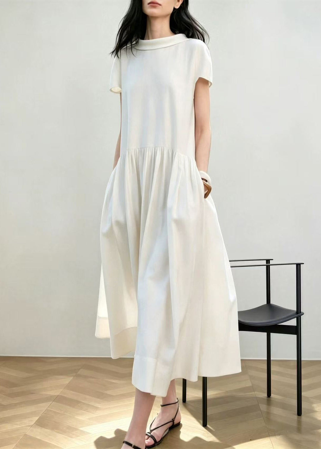 Natural White Peter Pan Collar Wrinkled Vacation Dresses Short Sleeve