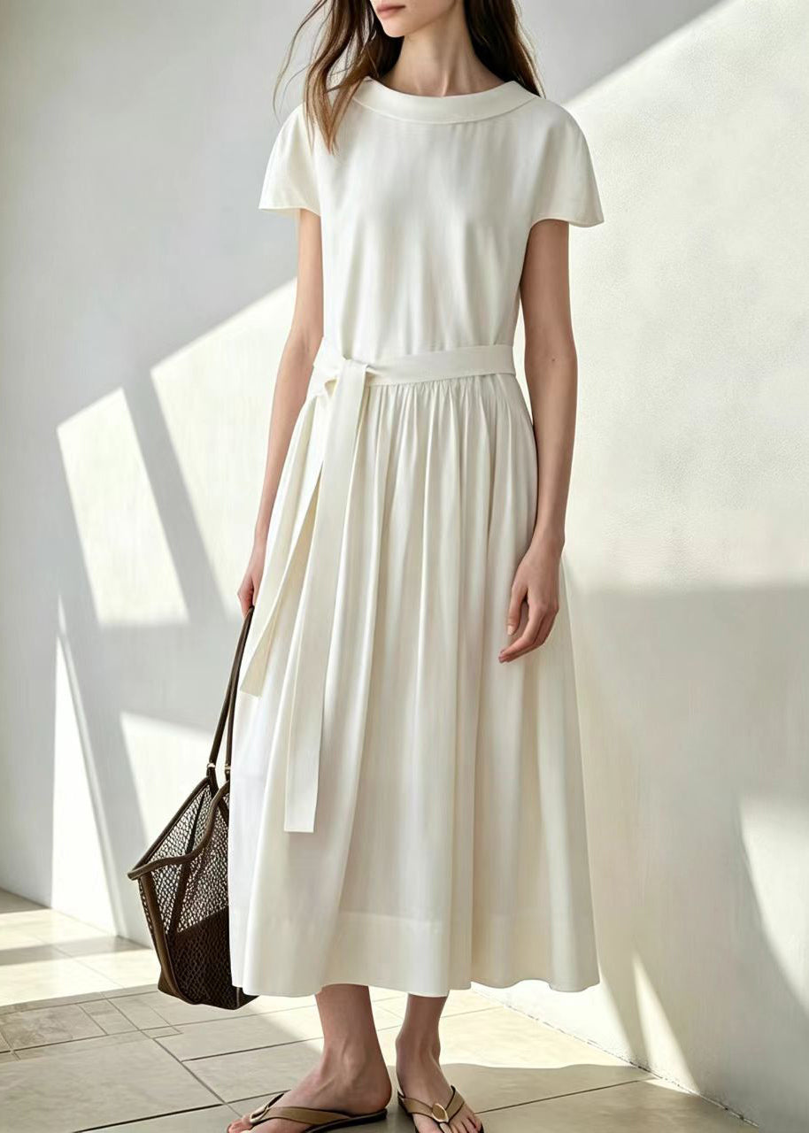 Natural White Peter Pan Collar Wrinkled Vacation Dresses Short Sleeve