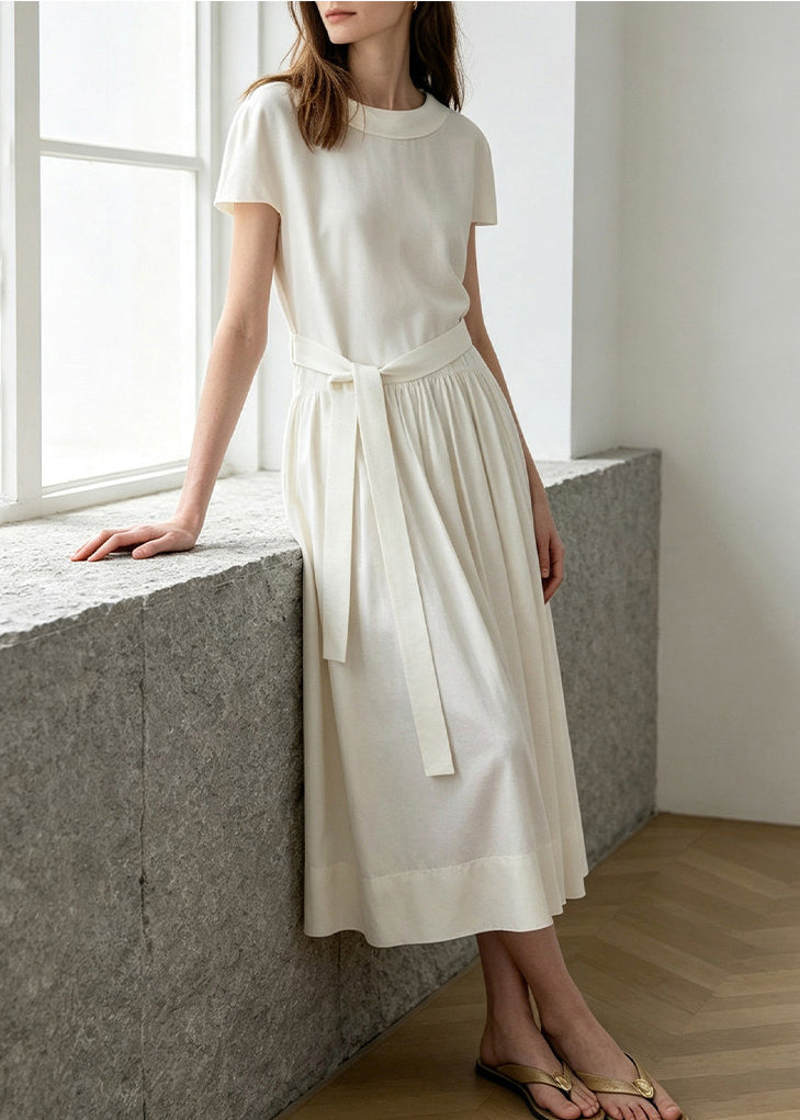 Natural White Peter Pan Collar Wrinkled Vacation Dresses Short Sleeve