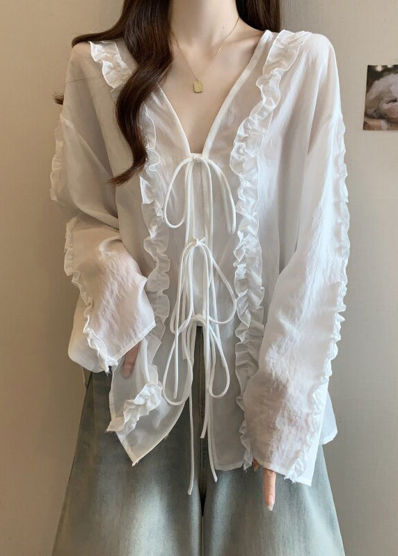 Natural White Ruffled Chiffon Shirt Flare Sleeve