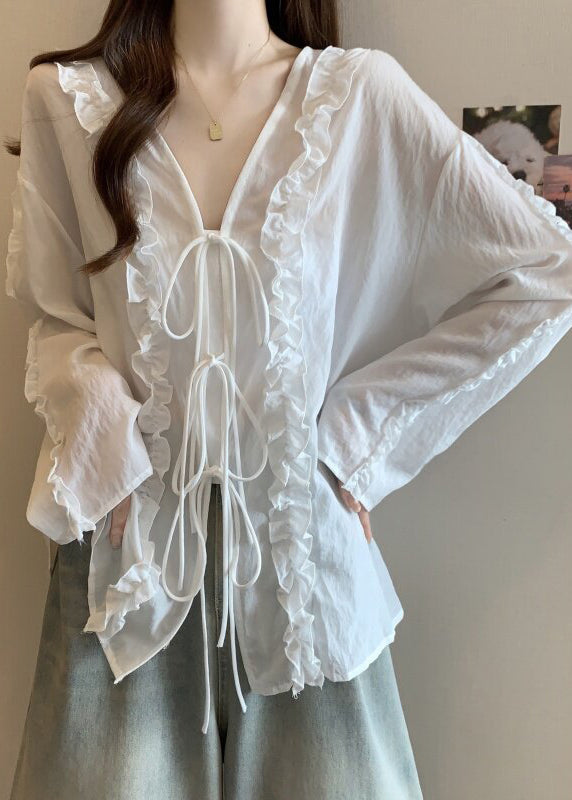 Natural White Ruffled Chiffon Shirt Flare Sleeve