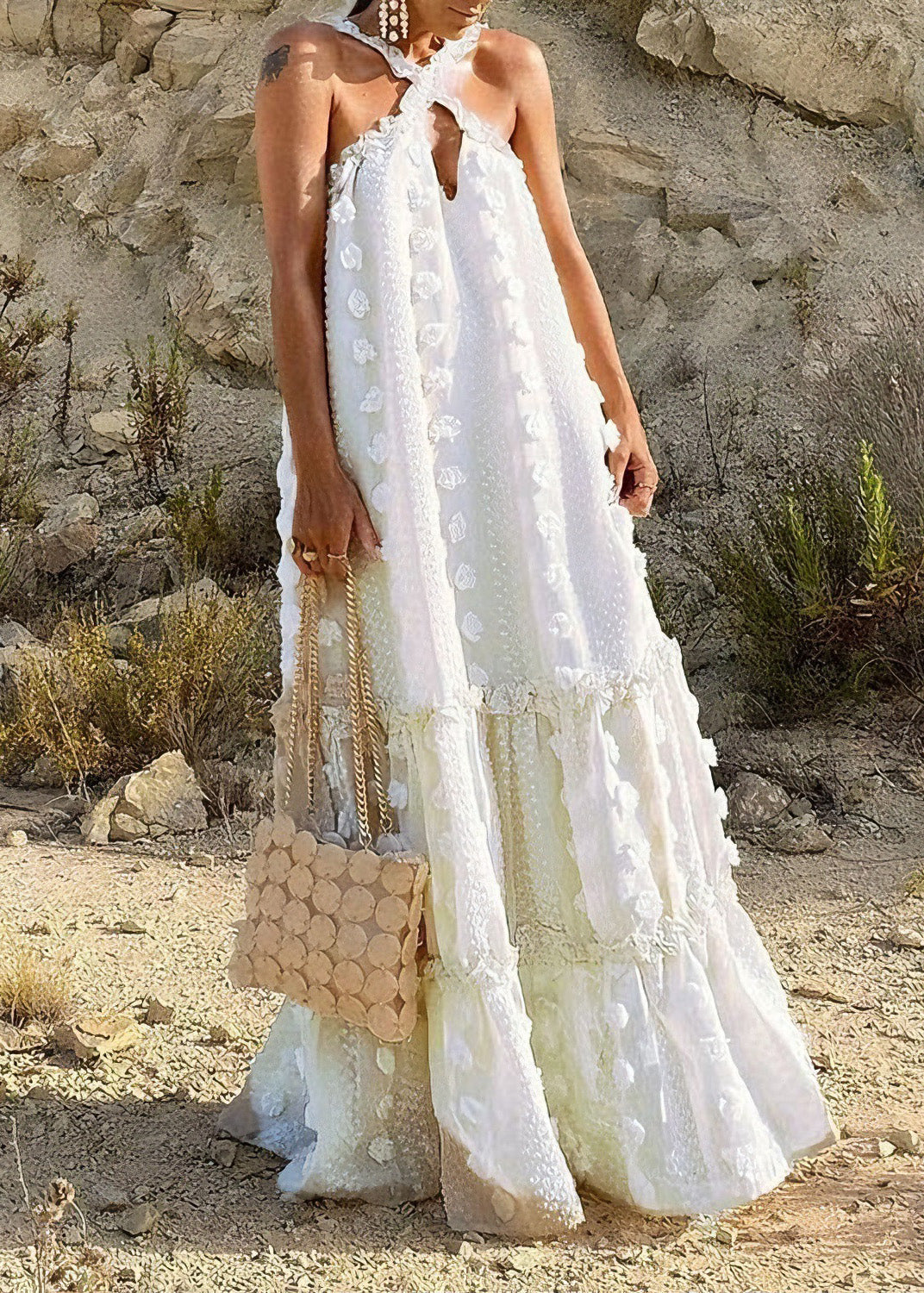 Natural White Ruffled Floral Patchwork Cotton Long Dresses Summer