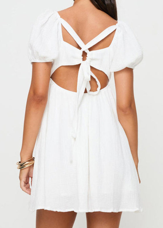 Natural White Square Collar Cinched Mid Dresses Short Sleeve
