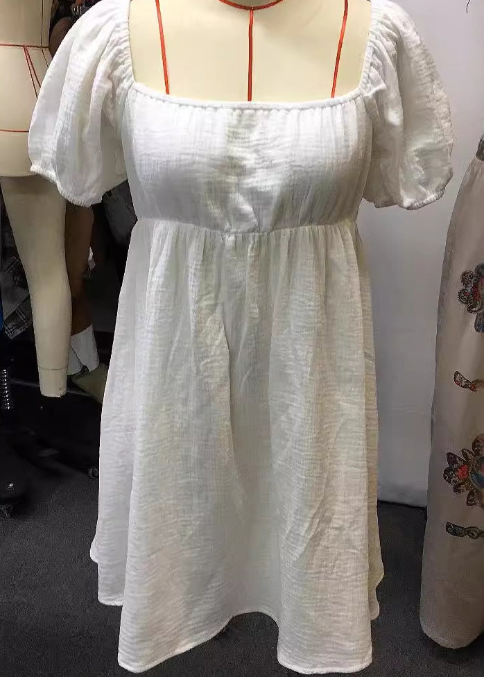 Natural White Square Collar Cinched Mid Dresses Short Sleeve