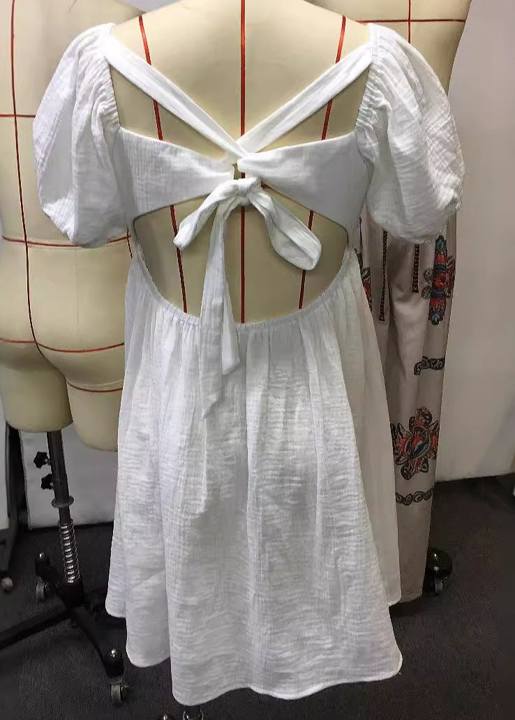 Natural White Square Collar Cinched Mid Dresses Short Sleeve