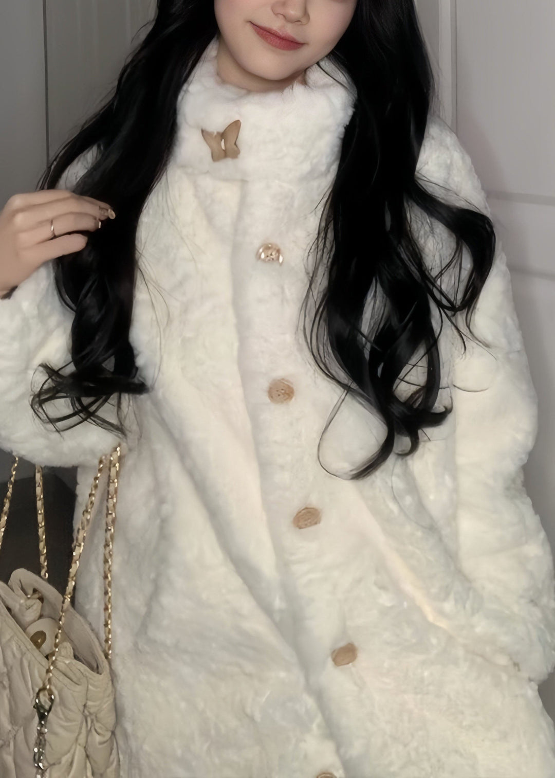Natural White Stand Collar Button Faux Fur Long Coat Winter