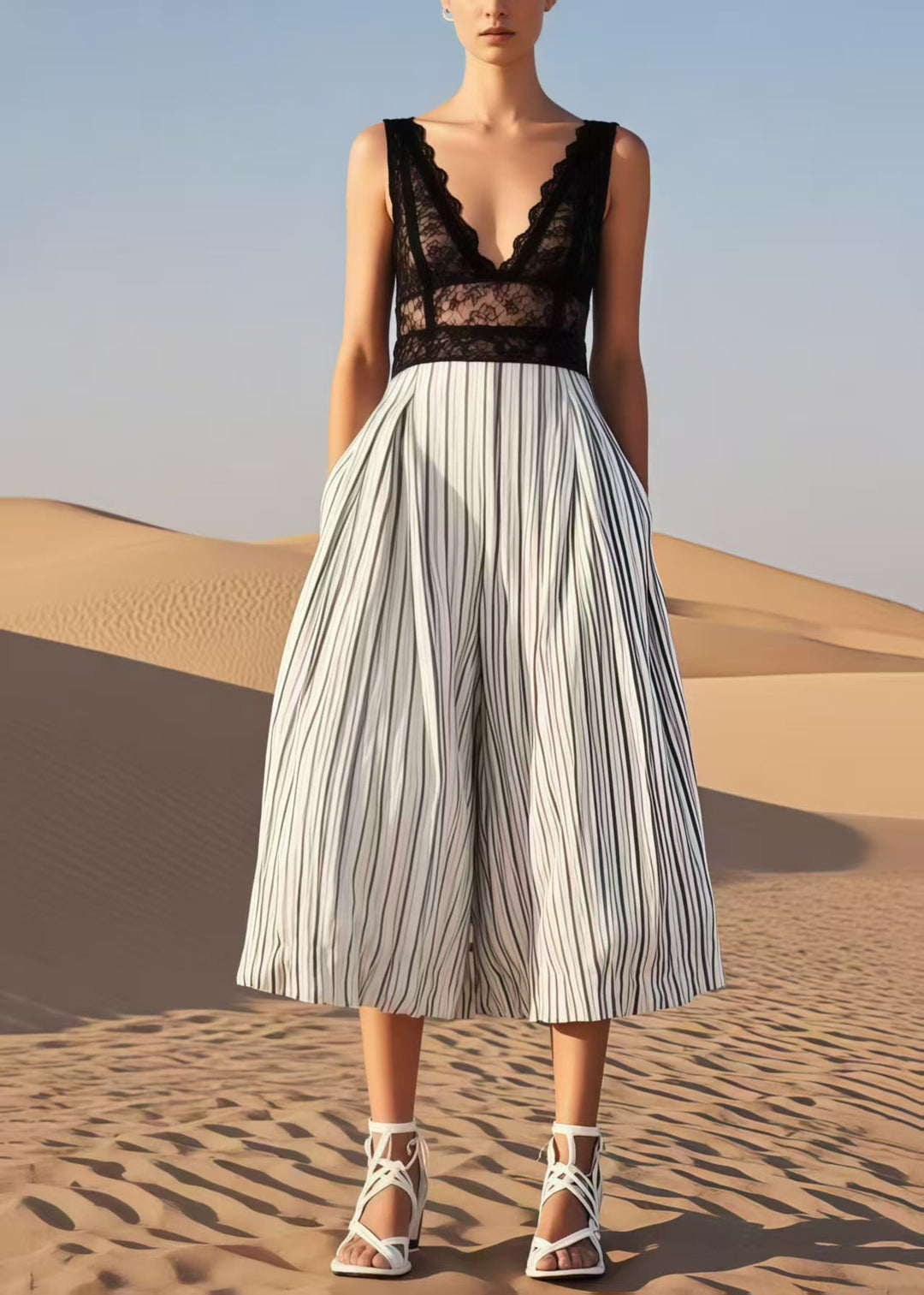 Natural White Striped Cotton Wide Leg Pants Summer
