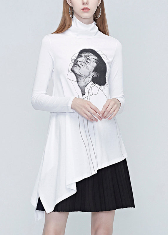 Natural White Turtleneck Belle Print Wrinkled Tops Fall