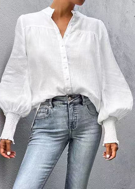Natural White V Neck Cotton Shirt Top Lantern Sleeve