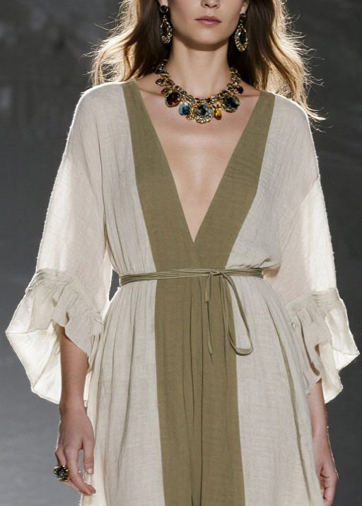 Natural White V Neck Patchwork Cotton Tunic Dresses Summer